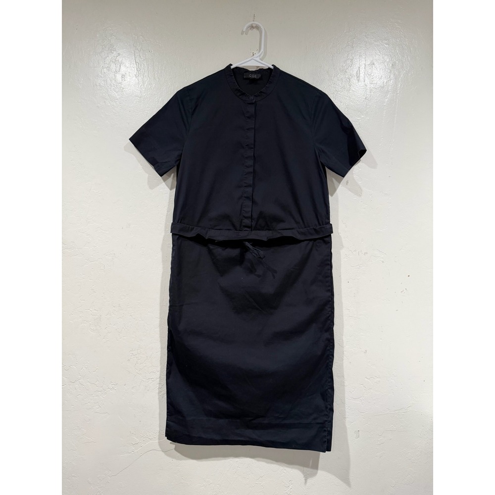 COS Black Short Sleeve Band Collar Drawstring Waist Midi Shirt Dress EU 34 US 4
